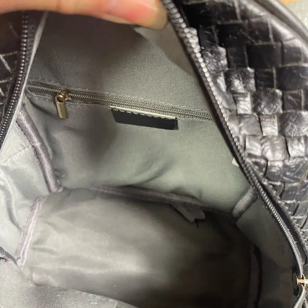 Black Woven Leather Quilted Mini Backpack